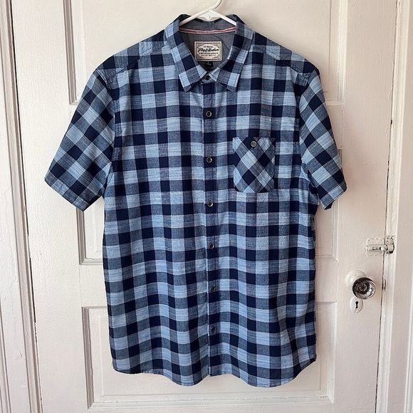 Flag & Anthem Men’s Short Sleeve Button Down Collared Shirt Blue Plaid Cotton Lg - Picture 1 of 14